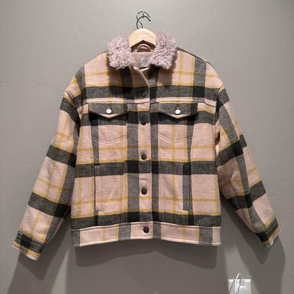 Urban Outfitters Green Yellow Cream Plaid Sherpa Collar Trucker Jacket‎ Sz Small